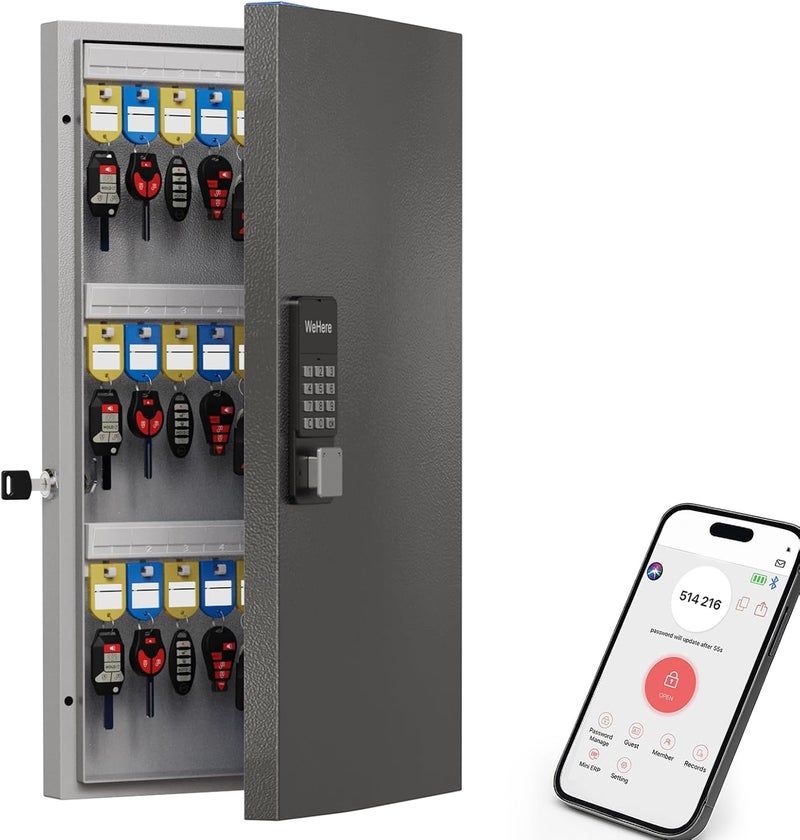 WeHere 48 Key Lock Box Wall Mount, APP Bluetooth/OTP/Wi-Fi/Fixed Code/Key Unlock, Smart Key Cabinet with Key Tag, Key Organizer Holder Box, Key Management Directory for Office, Valet, Realtor, Hotel - Image 1